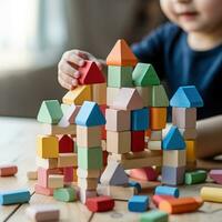 A child's hands building a simple house with colorful plastic blocks photo