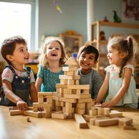 A group of children playing together and building with wooden blocks. photo