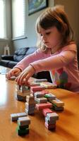 A young child using blocks to learn basic counting and math skills. photo