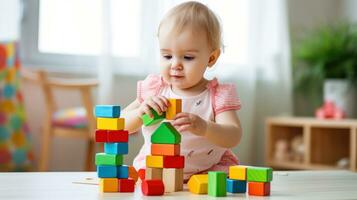 A young child using blocks to learn basic counting and math skills. photo