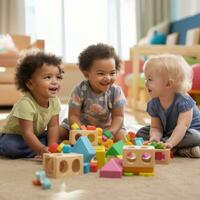 A group of children playing together and building with wooden blocks. photo