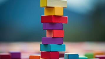 Colorful blocks stacked high in a tower photo