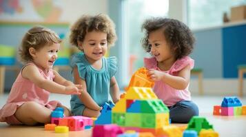 A group of children playing together and building with wooden blocks. photo