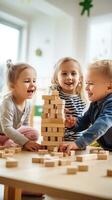 A group of children playing together and building with wooden blocks. photo