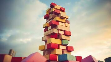 Colorful blocks stacked high in a tower photo