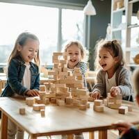 A group of children playing together and building with wooden blocks. photo