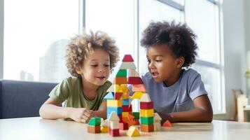 Two young boys building a towering skyscraper out of colorful blocks photo