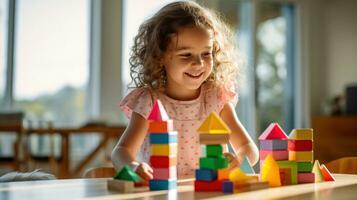 A young child using blocks to learn basic counting and math skills. photo