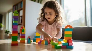 A young child using blocks to learn basic counting and math skills. photo