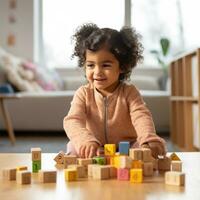 A young child using blocks to learn basic counting and math skills. photo