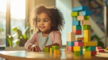 A young child using blocks to learn basic counting and math skills. photo