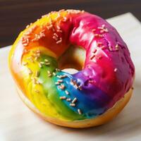 arco iris rosquilla. rosquilla teñido con brillante colores, a menudo con crema queso foto