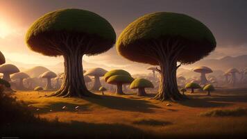 otherworldly woodland filled with gleaming mushrooms, drifting islands, and legendary animals. photo