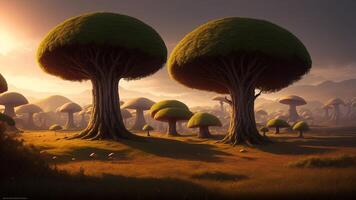 otherworldly woodland filled with gleaming mushrooms, drifting islands, and legendary animals. AI Generated photo