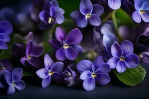 We gave pretty purple flowers called violets as a gift for Mother's Day. The pictures showed the flowers close, so you could see their detailed patterns and features.. Creative resource, AI Generated photo