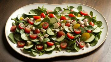 hermoso vegetal ensalada de vigorizante tomate , Pepino , cebolla , Espinacas , lechuga y sésamo en plato . dieta menú . exceder condición. creativo recurso, ai generado foto