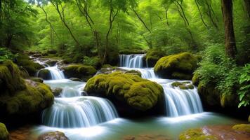 Charming Waterfall Take off develop. Paint a scene of a secured waterfall in a affluent wild. photo