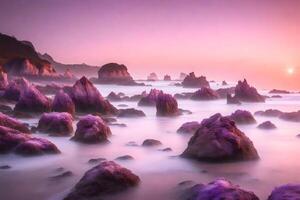 At sunrise, there are pretty pink and purple rocks along the coast.. Creative resource, photo