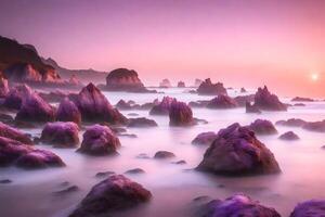 At sunrise, there are pretty pink and purple rocks along the coast.. Creative resource, AI Generated photo