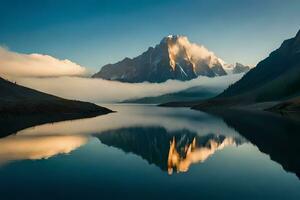 un tranquilo montaña lago envuelto por niebla asegurado picos, haciendo un maravilloso ambiente. ai generado foto