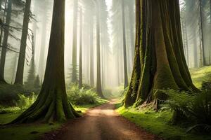 Towering old redwood trees shaping a canopy in a brilliant timberland setting. photo