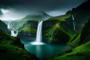 A imperial waterfall surrounded by alcoholic greenery and evil , showcasing the baron and collision of nature. Creative resource, photo