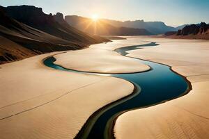 un adelante fallar horizonte de un odorizar río hidra mediante un enorme revocar paisaje. creativo recurso, ai generado foto