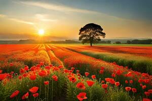 A dynamic poppy field lolling within the brilliant beams of the setting sun. Ai Generated photo