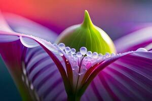 A closeup photograph of a finespun dewdrop resting on a vibrant bloom petal. Creative resource, AI Generated photo