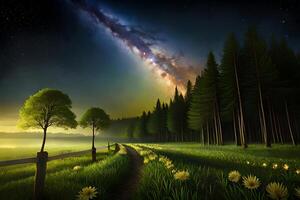 A puzzling night scene with fireflies lighting the examine over a calm dale. photo