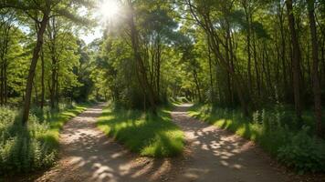 winding timberland pathway, dappled with sunshine and included by over the beat greenery. AI Generated photo