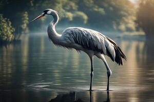 An wealthy crane showcased in peaceful waterside scenes. Creative resource, AI Generated photo