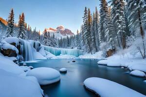 A cemented waterfall taking after a crucial stone shape in a winter wonderland. photo
