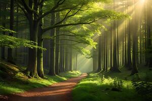 An enchanting afforest illuminated by burn of sunlight filtering through the dense canopy of tree. Creative resource, photo