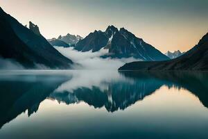 A peaceful mountain lake encompassed by fog secured crests, making a marvelous environment. Ai Generated photo