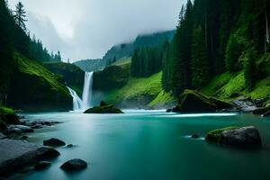 A imperial waterfall surrounded by alcoholic greenery and malefic , showcasing the baron and collision of nature. Creative resource, AI Generated photo