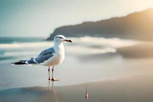 A tender seagull depicted in marvelous beachscapes. Creative resource, AI Generated photo