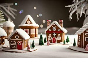 Make a unordinary town made completely of gingerbread, solidify to with icing housetops and sweet highlights. Ai Generated photo