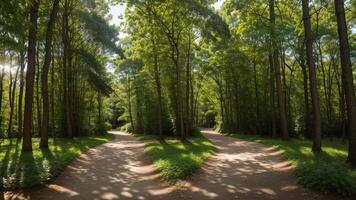winding timberland pathway, dappled with daylight and included by over the beat greenery. photo