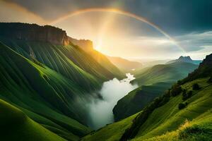 A marvelous waterfall included by well off greenery and a rainbow forming in its haze. AI Generated photo