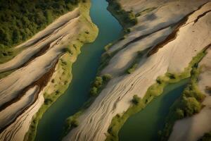 A close-up photo of a riverbank that has been worn away by erosion, showing how erosion affects the life in the water.. Creative resource, AI Generated