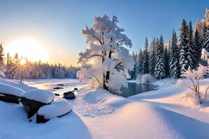 A winter wonderland scene with snow secured trees and a set stream. Ai Generated photo