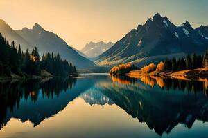 un calma lago reflejando el brillante montaña crestas ese cemento él. ai generado foto