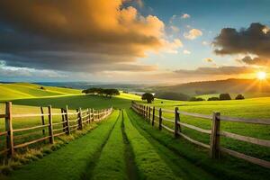 A composure air countryside landscape with graze overawe , a agrestic wooden fence , and a well - defined blue sky. Creative resource, AI Generated photo