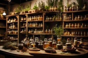 a cozy pharmacist shop brimming with dried herbs, botanical extricates, and all encompassing cures. Creative resource, AI Generated photo