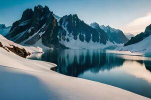 un impecable nieve tapado lago establecido interior partes el centrar de imponente hielo hojas y nieve tapado crestas. ai generado foto