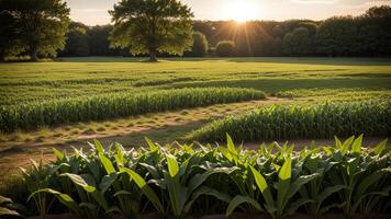 verde columnas de hecho maíz en un privado agrario campo. ai generado foto