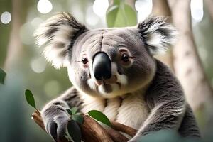 A touchy koala captured in marvelous eucalyptus settings. Creative resource, photo