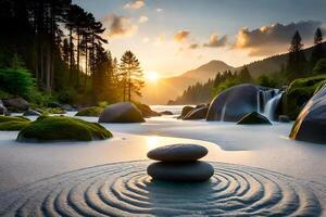 A equable Zen garden with carefully placed Rock , spur determine , and a passive voice spokesperson urine have. Creative resource, photo