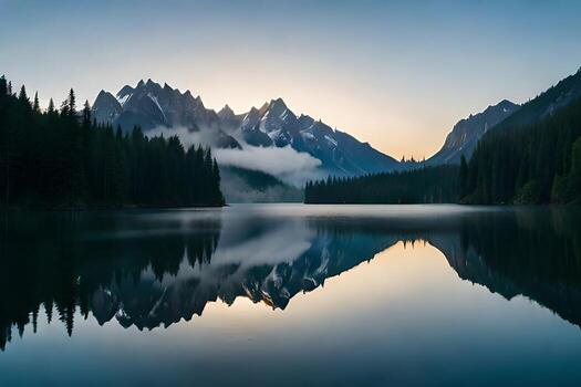 A cloudiness secured mountain lake with evergreen trees reflected on its sparkly surface. photo